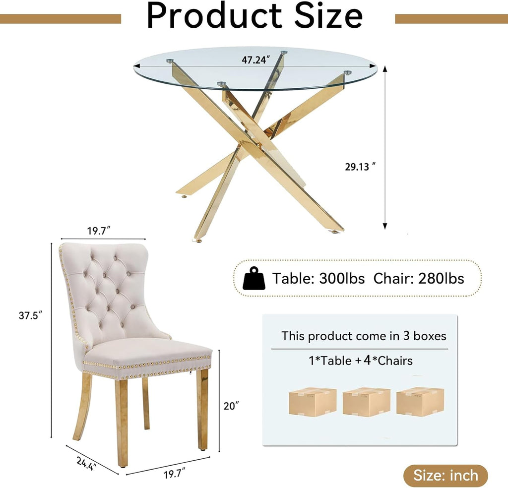 Henf 5 Piece Round Glass Dining Table Set for 4, Modern 47" Round Dining Table & Chair Set Circle Glass Kitchen Table and 4 Velvet Tufted Chairs for Kitchen Dining (Gold Table & Beige Chair)