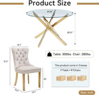 Henf 5 Piece Round Glass Dining Table Set for 4, Modern 47" Round Dining Table & Chair Set Circle Glass Kitchen Table and 4 Velvet Tufted Chairs for Kitchen Dining (Gold Table & Beige Chair)