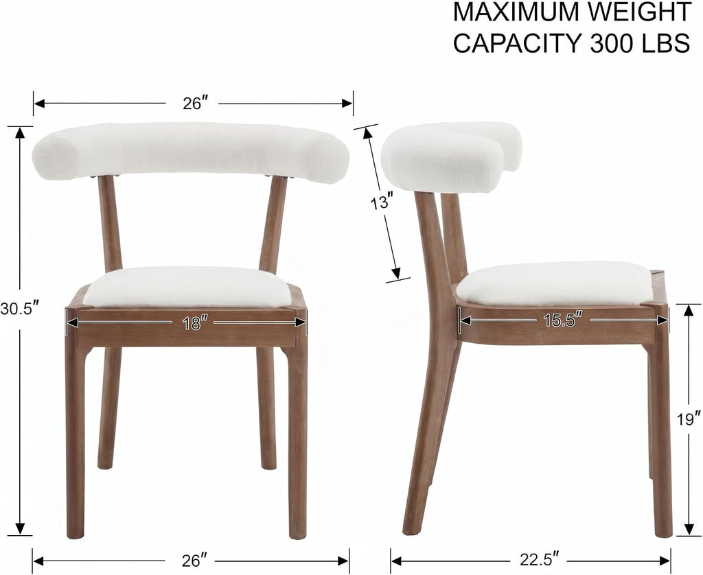 chairus Barrel Back Dining Chairs Set of 4, Farmhouse Upholstered Dining Chairs with Natural Walnut Finished Frame Comfy Unique Curved Open Back for Kitchen/Restaurant/Dining Room, Linen White