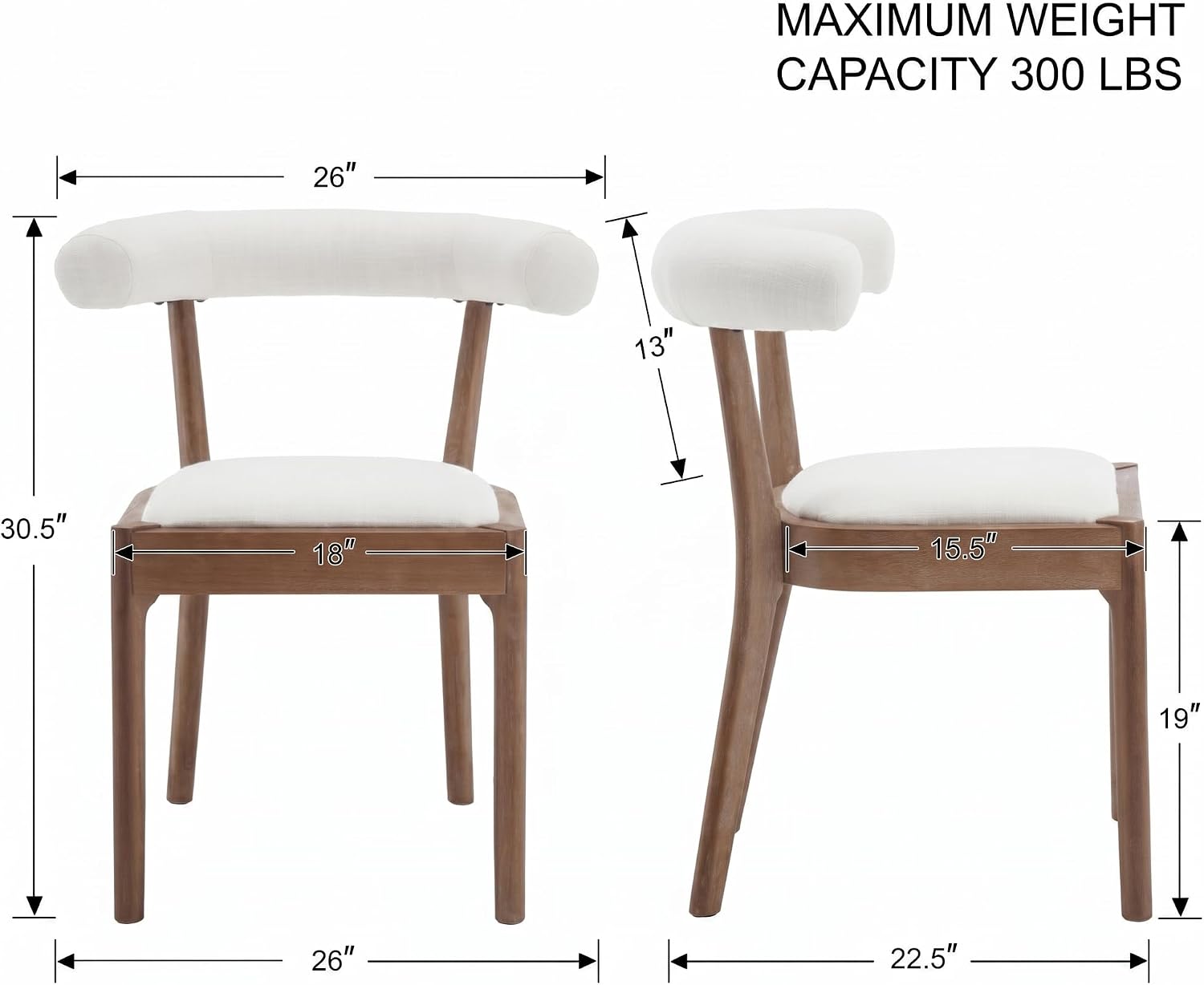 chairus Barrel Back Dining Chairs Set of 4, Farmhouse Upholstered Dining Chairs with Natural Walnut Finished Frame Comfy Unique Curved Open Back for Kitchen/Restaurant/Dining Room, Linen White