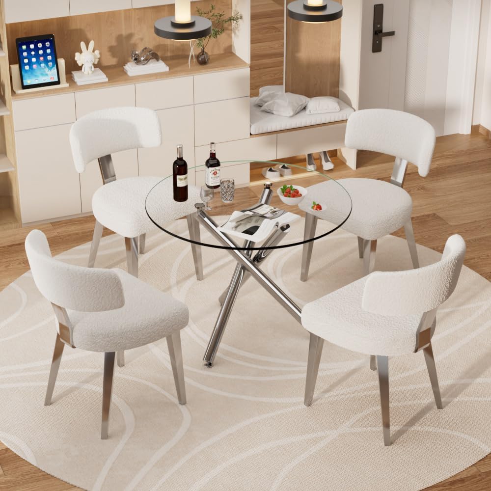 Round Dining Table Set for 4, 5-Piece Kitchen Table and Boucle Chairs for 4, 36" Round Dining Room Table Set with 4 Chairs, Glass Dining Table with Metal Legs for Kitchen, White&Silver