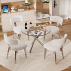 Round Dining Table Set for 4, 5-Piece Kitchen Table and Boucle Chairs for 4, 36" Round Dining Room Table Set with 4 Chairs, Glass Dining Table with Metal Legs for Kitchen, White&Silver