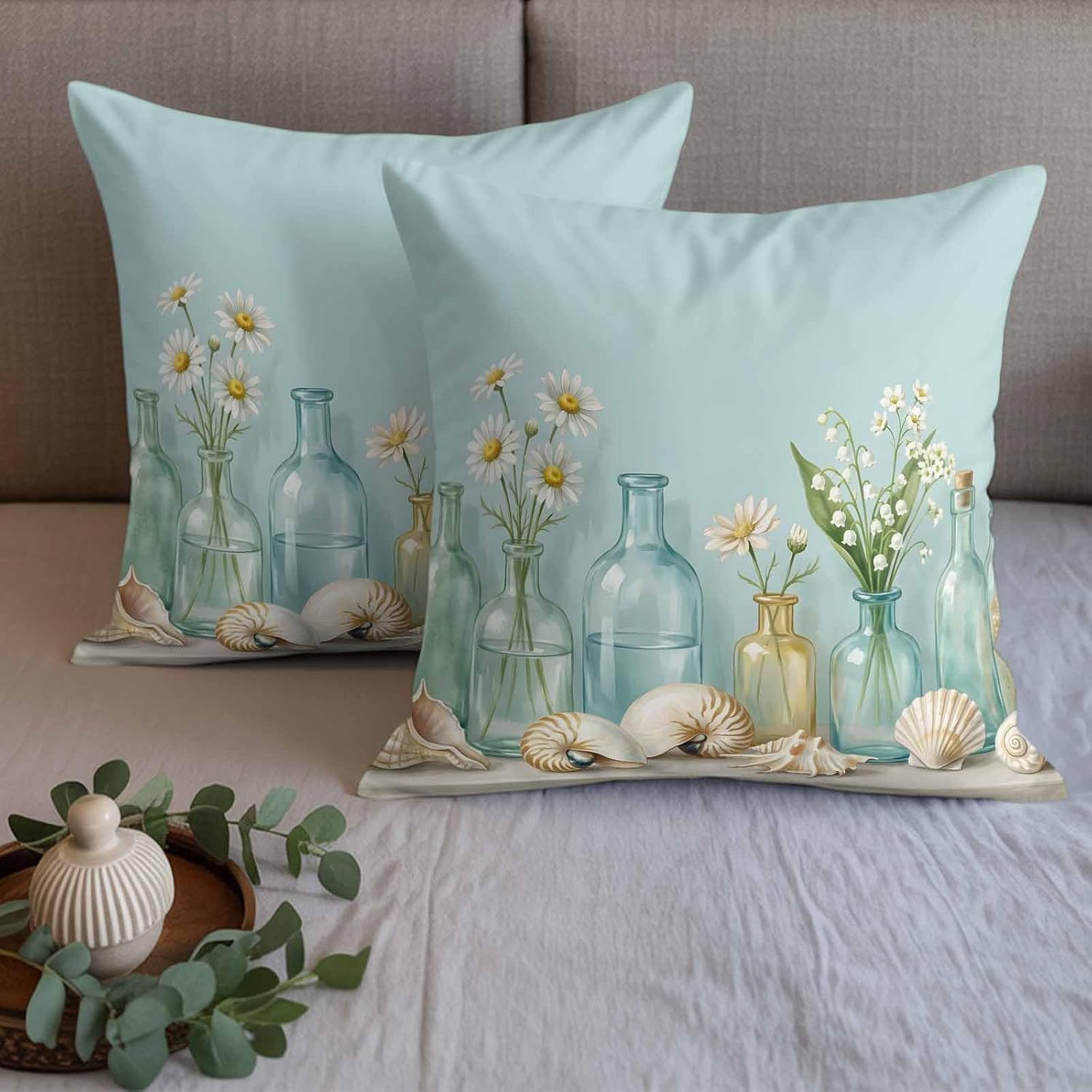Nautical Conch Shell Bed Runners for Cal King Size Beds Sea Glass Bottles Coastal Floral Bed Scarf Matching Decorative Throw Pillow Covers Hotel Beds End Blanket Towel Bedspread Protection for Bedroom