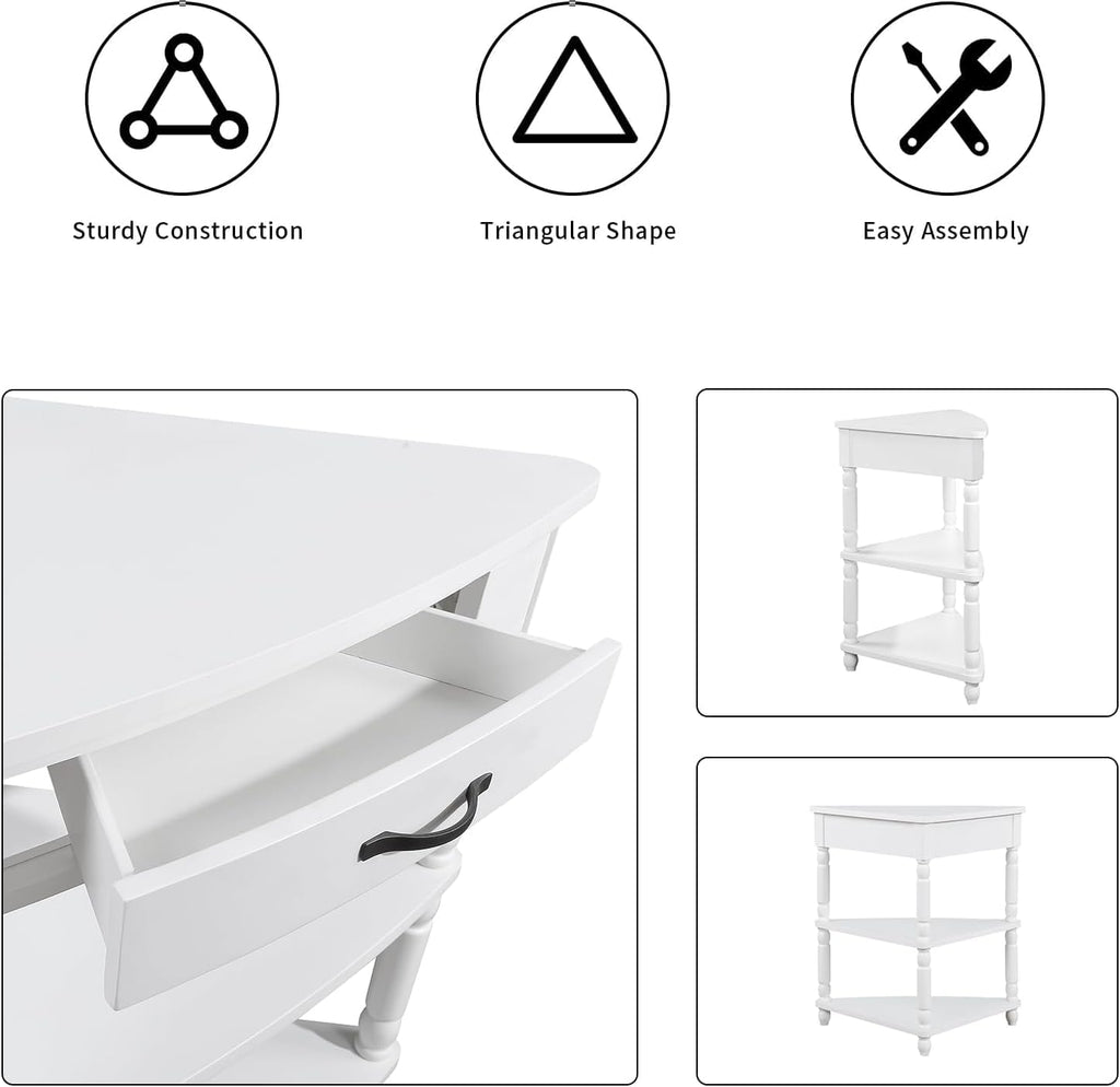 Small Corner Table with Drawer, Wood 3 Tier Triangle Side Table Corner Shelf Stand with 2 Open Shelves, Farmhouse Narrow Cabinet Organizer for Living Room, Small Spaces, Milk White