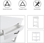 Small Corner Table with Drawer, Wood 3 Tier Triangle Side Table Corner Shelf Stand with 2 Open Shelves, Farmhouse Narrow Cabinet Organizer for Living Room, Small Spaces, Milk White