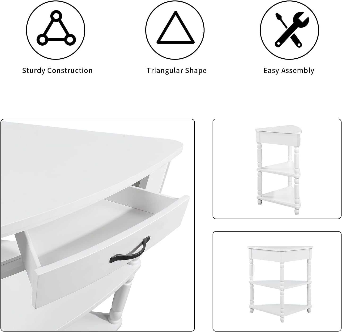 Small Corner Table with Drawer, Wood 3 Tier Triangle Side Table Corner Shelf Stand with 2 Open Shelves, Farmhouse Narrow Cabinet Organizer for Living Room, Small Spaces, Milk White