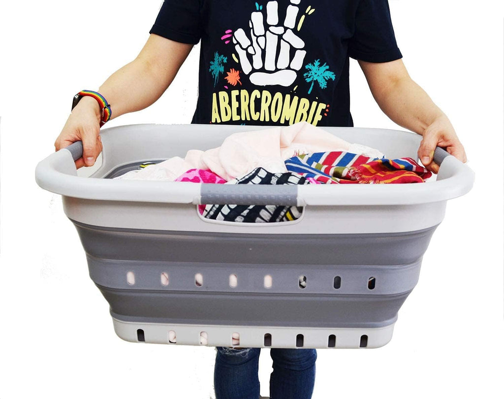 SAMMART 41L (10.8 gallon) Set of 2 Collapsible 3 Handled Plastic Laundry Basket-Foldable Pop Up Storage Container/Organizer-Space Saving Hamper/Basket (2, Grey/Dark Grey)