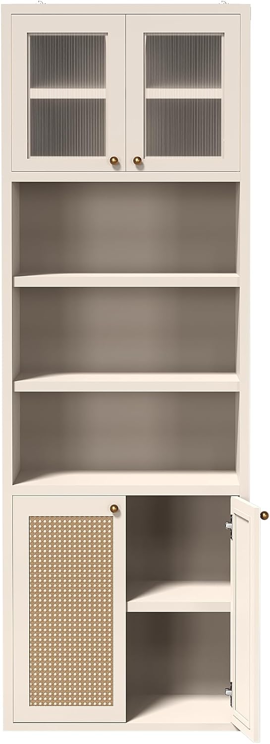 71.3''Tall Kitchen Pantry Cabinet with Oversized Open Shelf & Coffee Station,Tall Extra Deep Enclosed Storage, Fluted Rattan Doors,Adjustable Shelves, Anti-Tip, for Multi-Room Use,White