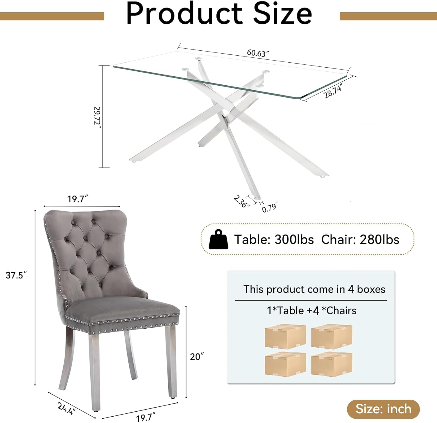 SSLine Modern 5-Piece Glass Dining Table Set for 4 Luxury Rectangle Glass Kitchen Table and Chair Set for 4, 61" Long Dining Room Tables with 4 Gray Tufted Chairs for Kitchen Home Office