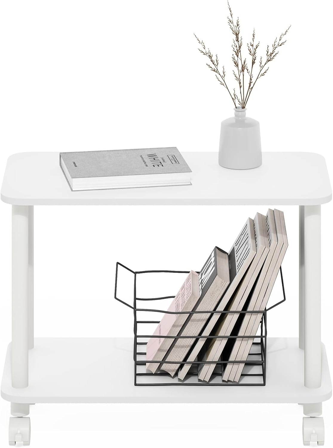 Modern End Table with Wheels 2 Tier Rectangular Side Table with Lockable Casters White Rolling Nightstand for Living Room Bedroom Small Spaces