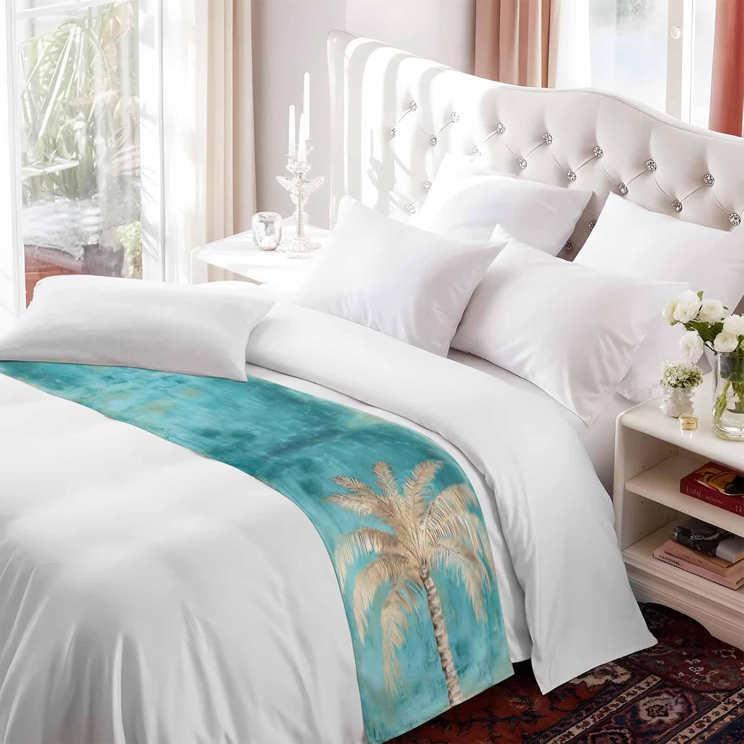 Coastal Beach Tree Bed Runner Scarf King Size, Vintage Teal Brown Tropical Palm Tree Luxury Bed Throw Runners & Scarves for Twin Full Queen King Foot of Beds, Bedroom Decoration, 94"x20"
