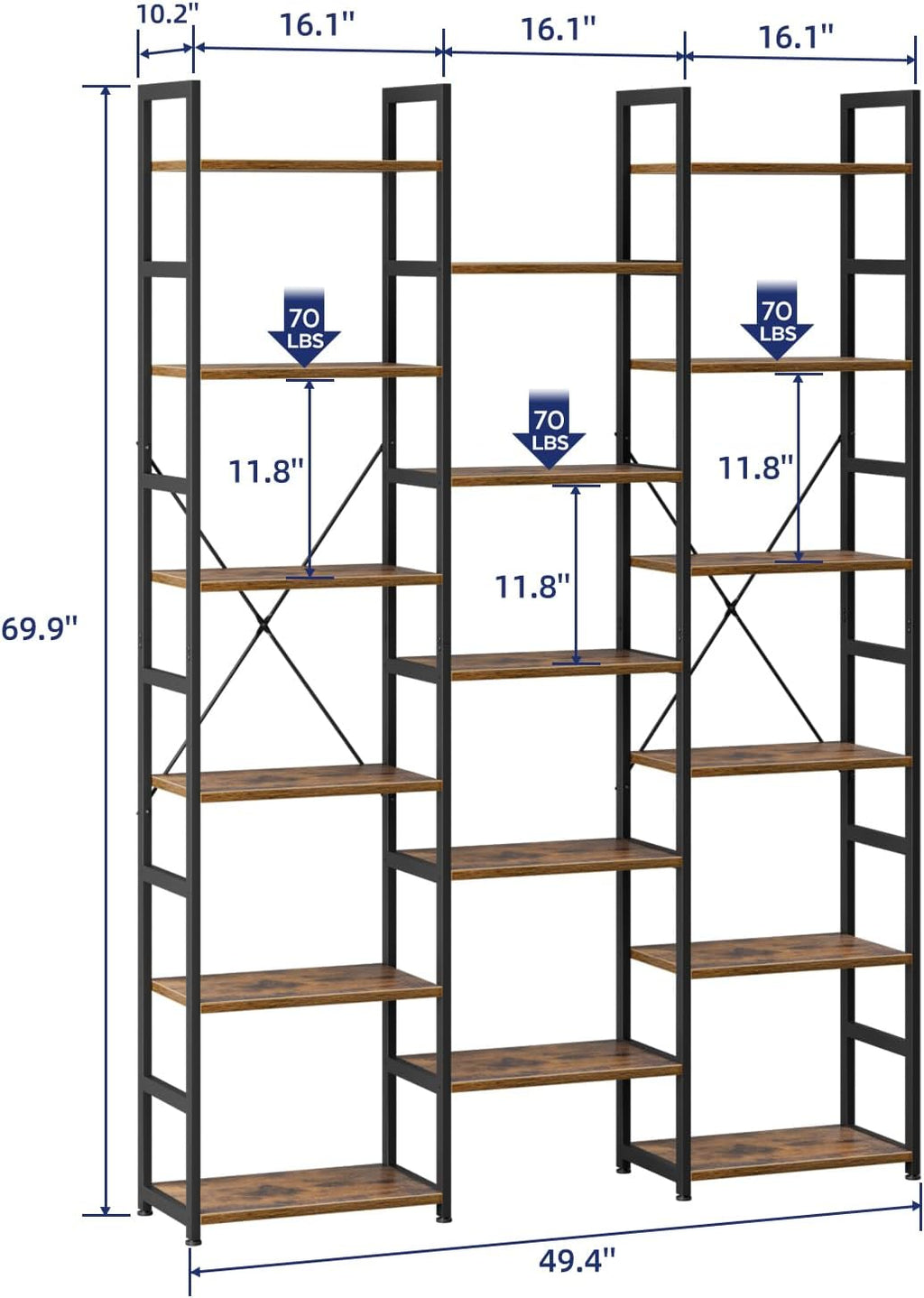 NUMENN 6-Tier Bookshelf Triple Column Bookcase with 17 Adjustable Open Display Shelves, Modern Book Shelves，Rustic Industrial Style Bookshelves for Bedroom, Living Room and Home Office, Vintage
