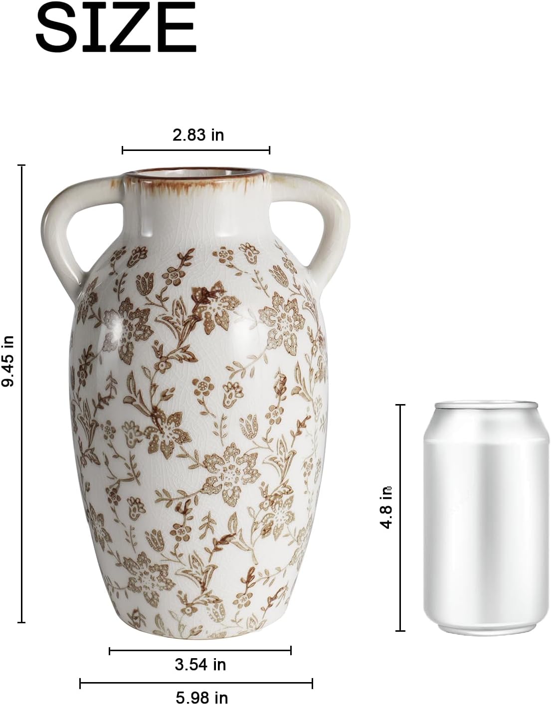 Vintage Ceramic Vase with Handles, 9.45 Inch Crackle Glaze Floral Pattern Vase, Rustic Farmhouse Decorative Flower Vase for Table Centerpieces, Boho & Chinoiserie Home Decor