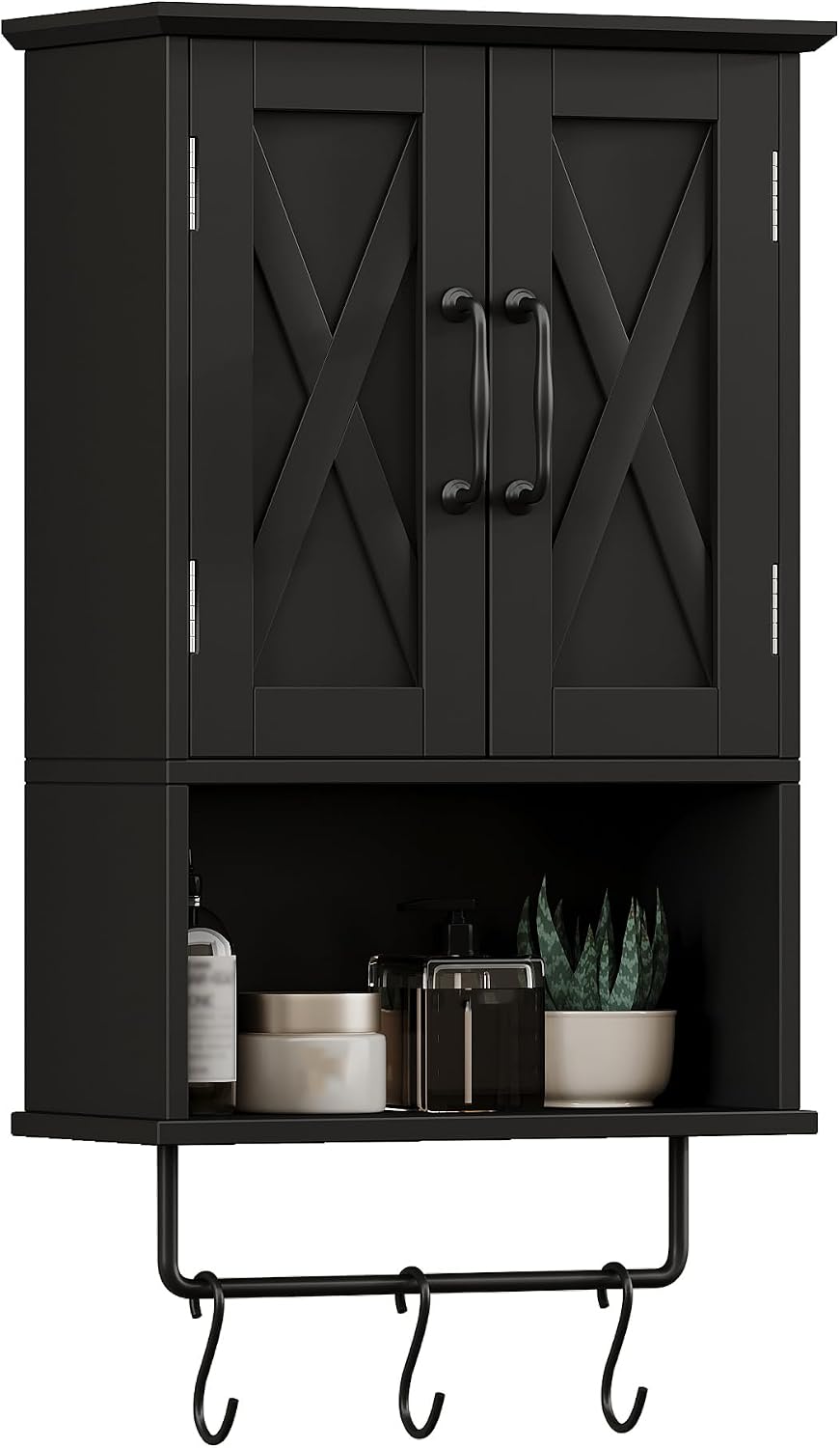 ChooChoo Farmhouse Medicine Cabinet, Bathroom Wall Cabinet with Adjustable Shelf, Towel Bar, 3 Hooks, Over The Toilet Storage Cabinet for Bathroom, Kitchen, Black
