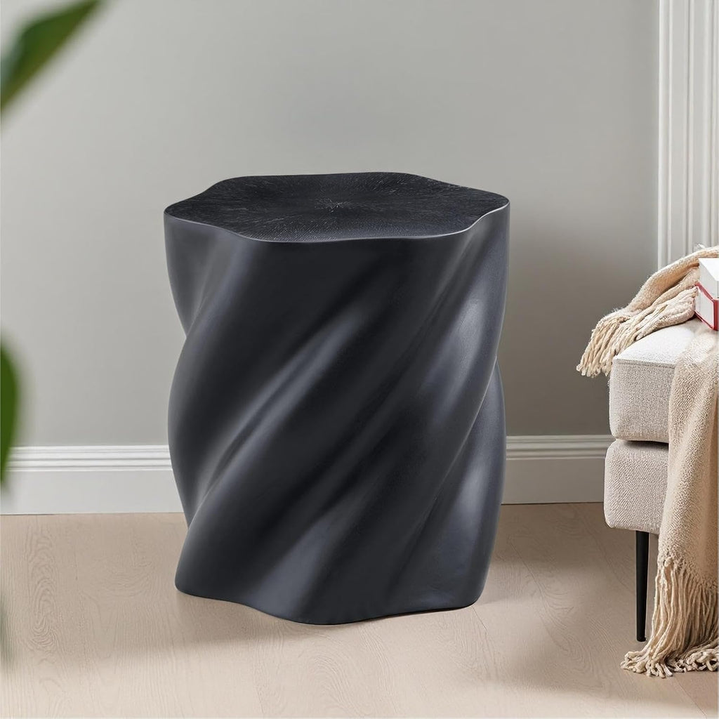 Art Deco Twisted End Table, Organic Sculptural Side Table for Living Room Decor, Modern Nightstand with Smooth Black Fiberglass Finish, Compact Accent Furniture for Small Spaces