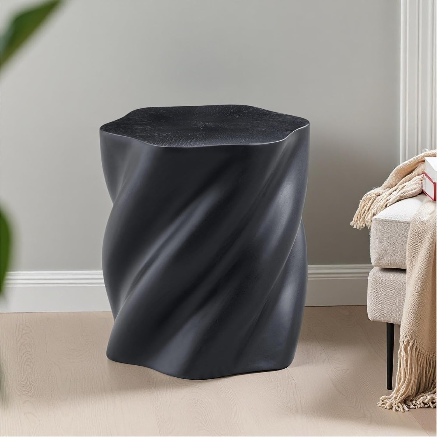 Art Deco Twisted End Table, Organic Sculptural Side Table for Living Room Decor, Modern Nightstand with Smooth Black Fiberglass Finish, Compact Accent Furniture for Small Spaces