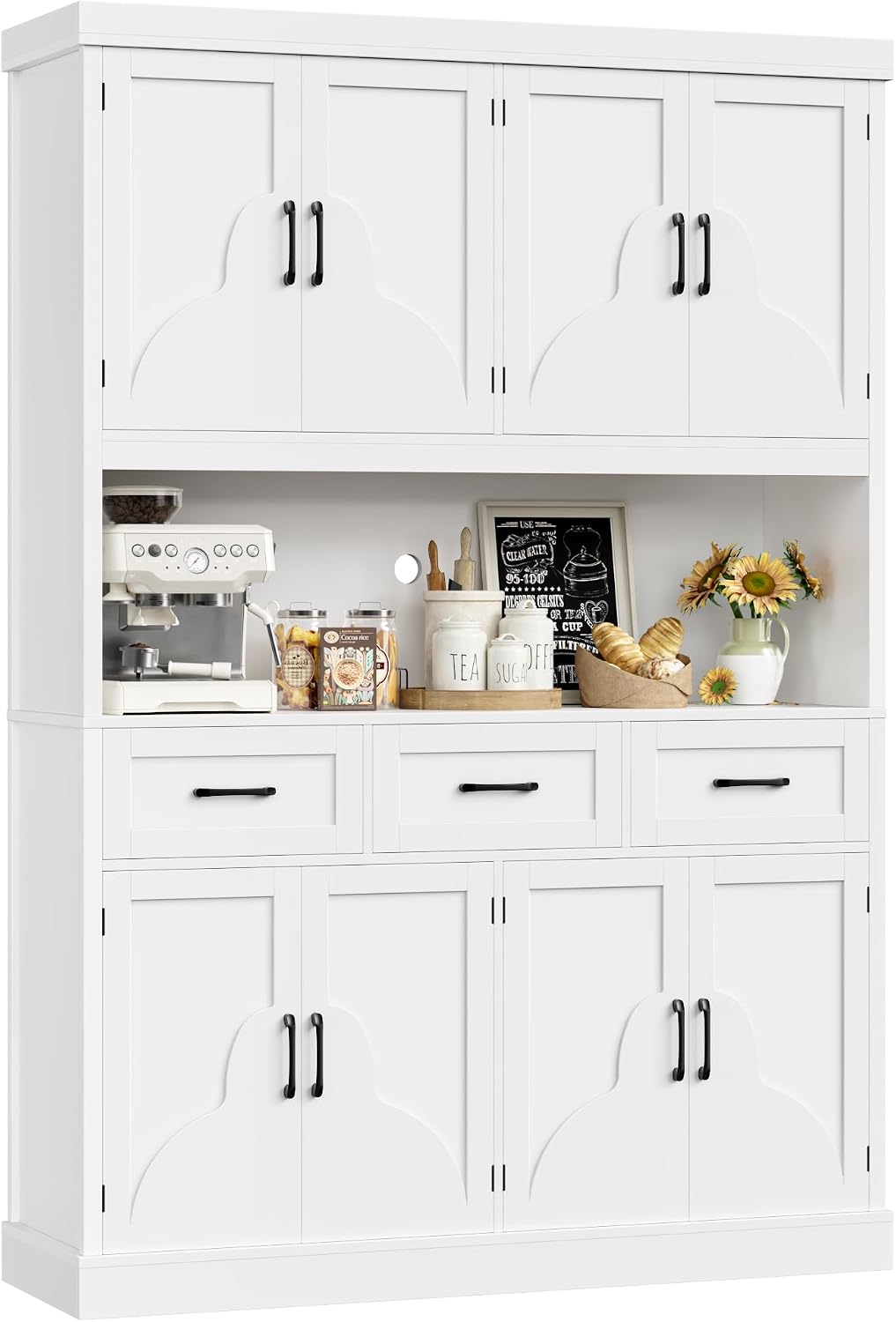 HITHOS 76" Tall Kitchen Pantry Storage Cabinet, 55“ Wide Kitchen Hutch Cabinet with Storage Drawers, Large Food Pantry with Microwave Stand, Modern Cupboard with Hutch for Dining Living Room, White