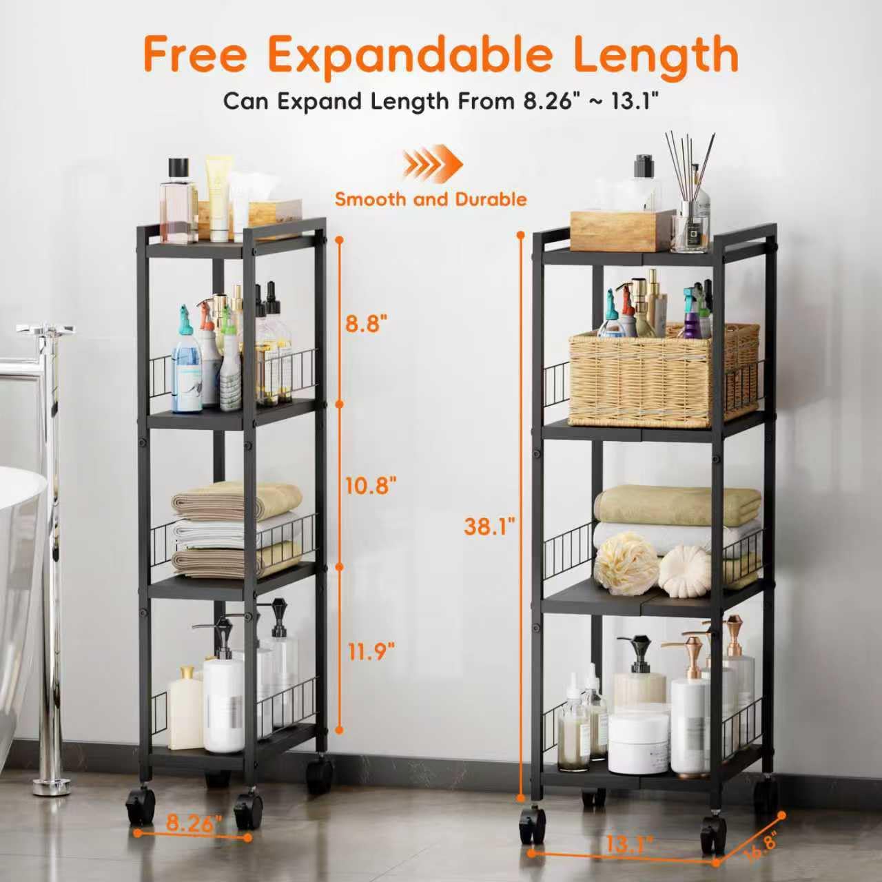 Expandable Slim Storage Cart with Wheels, 4 Tier Narrow Metal Rolling Utility Cart Organizer Adjustable Open Floor Shelving Unit for Small Spaces Bathroom Laundry Room Kitchen