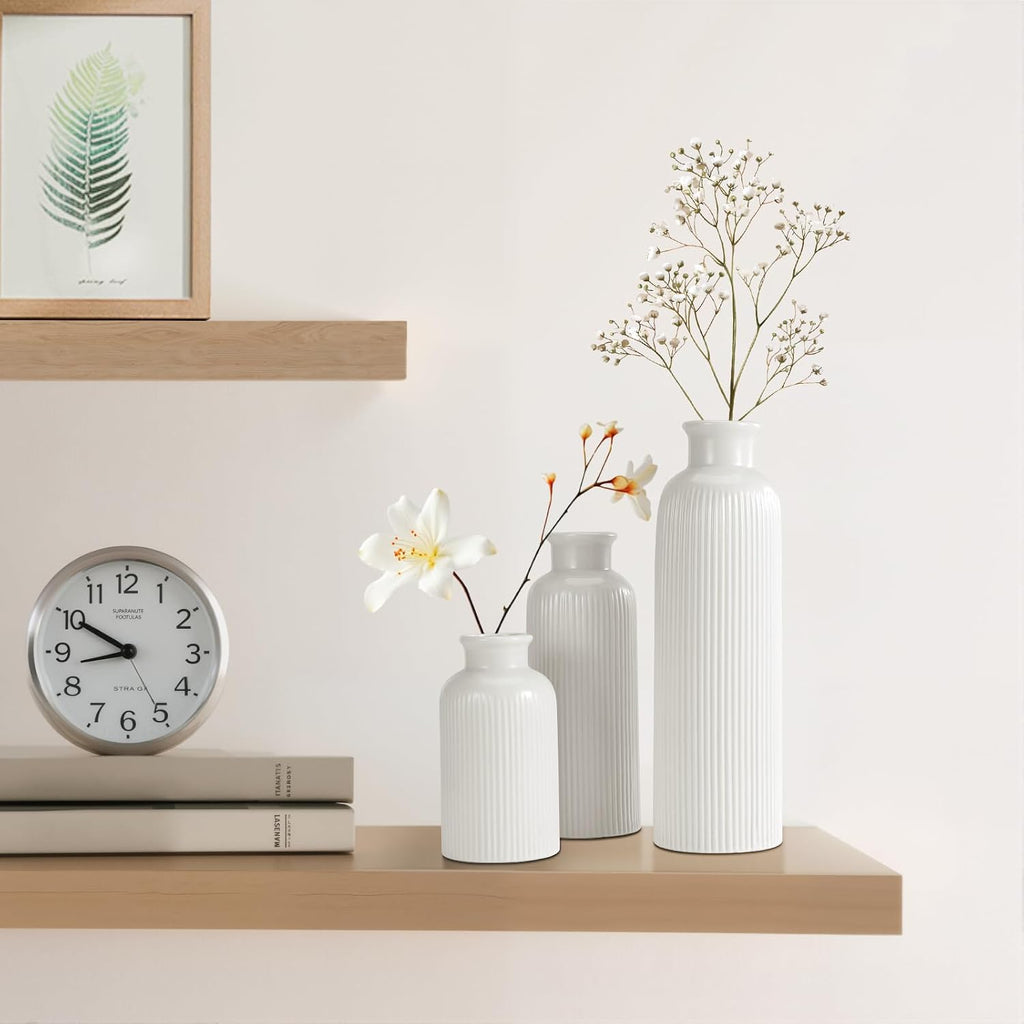 Small White Ceramic Vase Set of 3, Boho Modern White Flower Vase Room Decor, Farmhouse Decor, Vases for Your Kitchen, Bathroom, Bedroom, Living Room, Office&Shelf Centerpiece Table Decorations