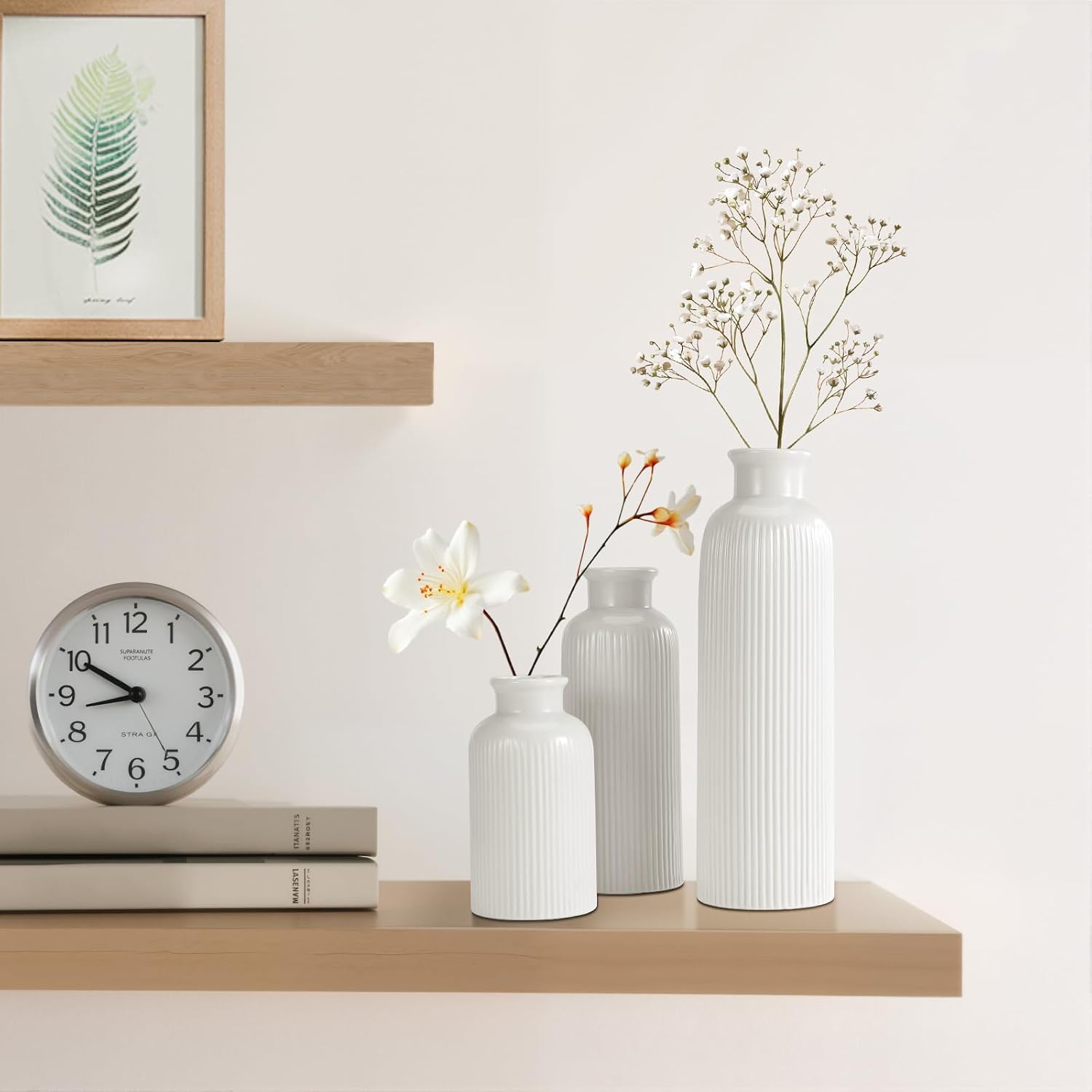 Small White Ceramic Vase Set of 3, Boho Modern White Flower Vase Room Decor, Farmhouse Decor, Vases for Your Kitchen, Bathroom, Bedroom, Living Room, Office&Shelf Centerpiece Table Decorations