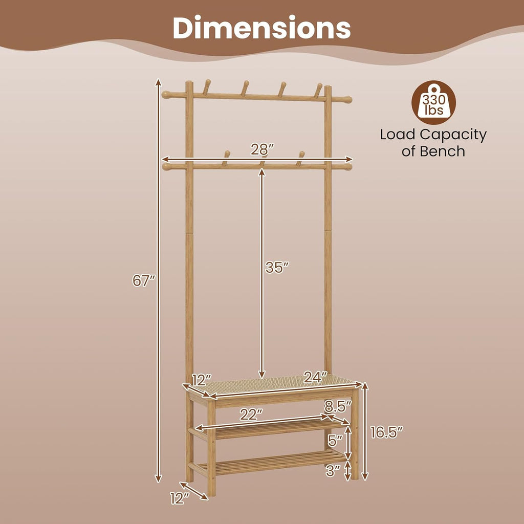 GIANTEX 3-in-1 Hall Tree with Bench and Shoe Storage, 11 Hanging Rods | Bamboo Coat Rack Freestanding w/ PE Rattan Bench & 3-Tier Shoe Rack, Narrow Mudroom Storage Organizer for Entryway Bedroom