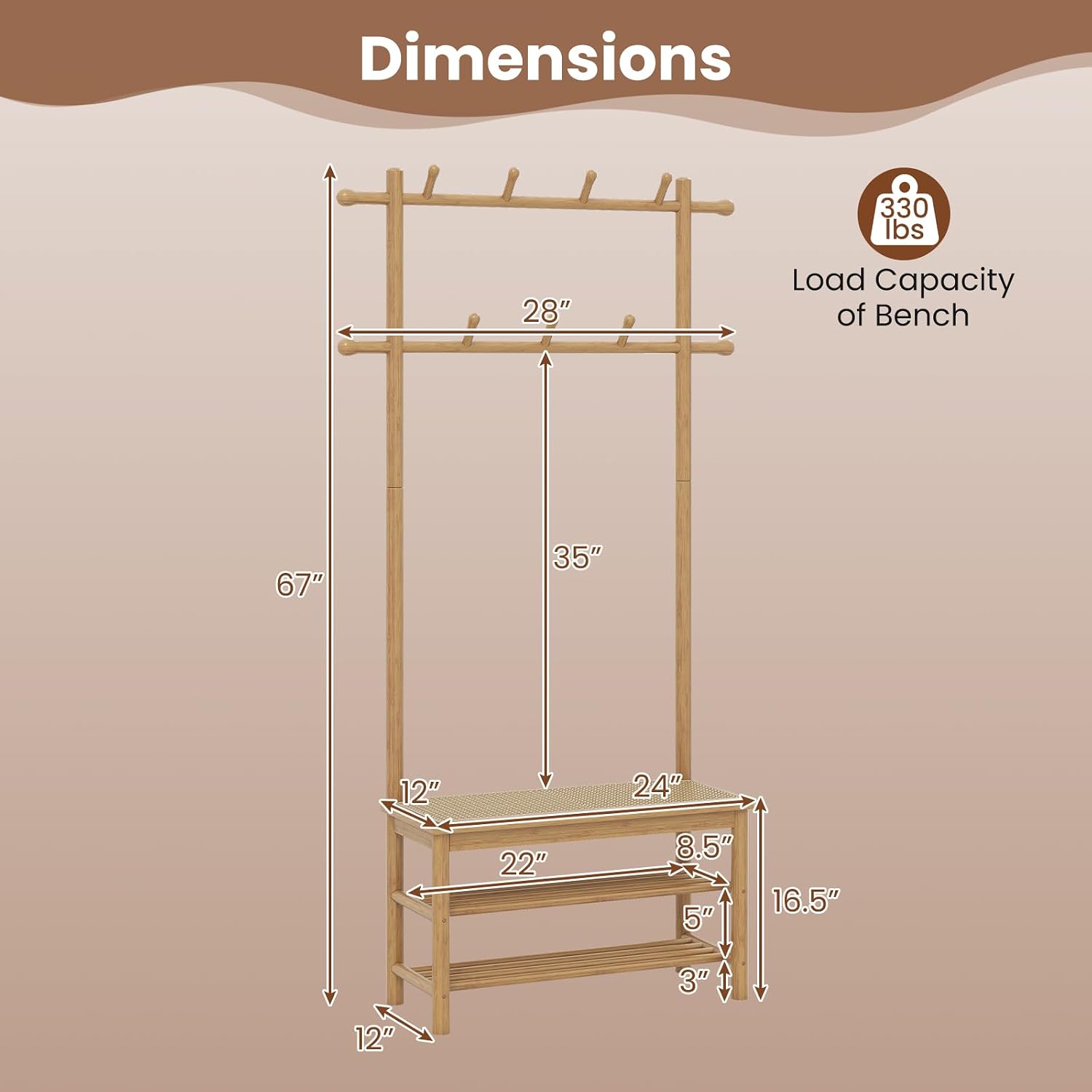 GIANTEX 3-in-1 Hall Tree with Bench and Shoe Storage, 11 Hanging Rods | Bamboo Coat Rack Freestanding w/ PE Rattan Bench & 3-Tier Shoe Rack, Narrow Mudroom Storage Organizer for Entryway Bedroom
