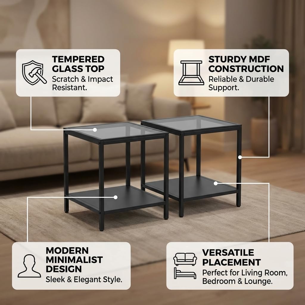 Set of 2 Rectangle End Tables, Modern Living Room Glass End Table Side Tables with Tempered Glass Top and MDF Base, Gray