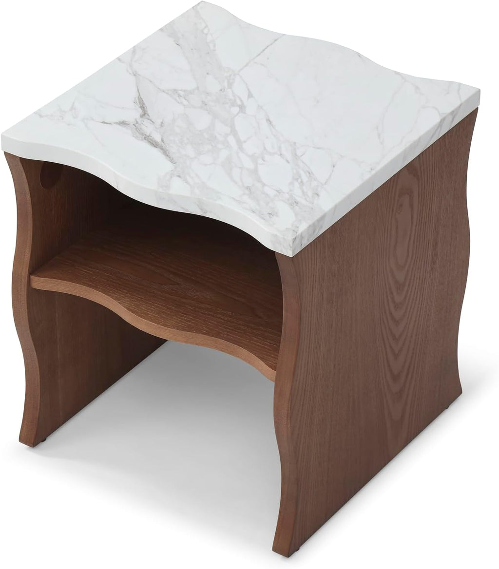 17.72" Whisper of Waves Modern End Table with Storage Shelf, Faux Marble Top & Natural Wood-Veneered Base, Nightstand Side Table for Bedroom, Living Room Accent Table, Walnut Brown