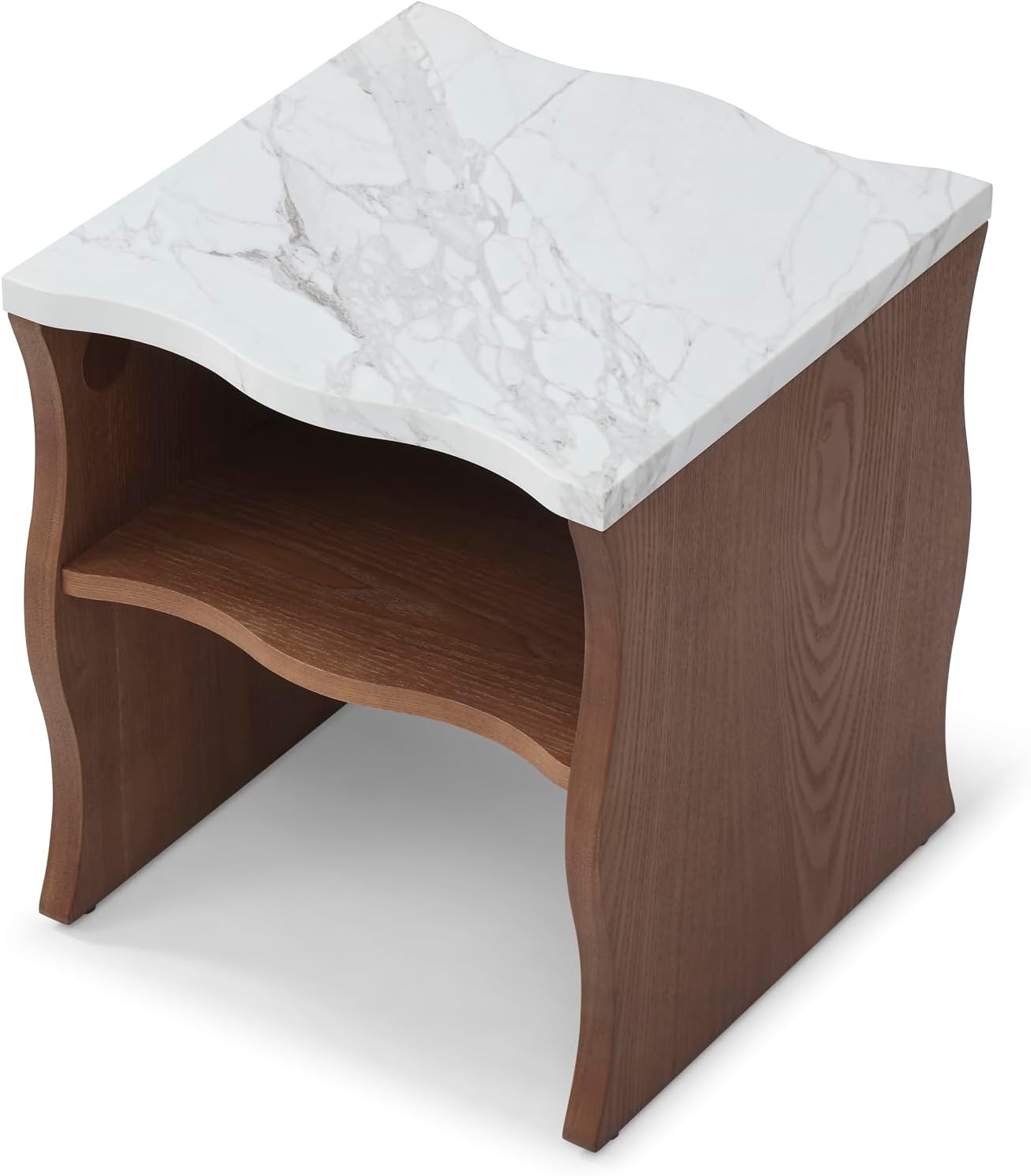 17.72" Whisper of Waves Modern End Table with Storage Shelf, Faux Marble Top & Natural Wood-Veneered Base, Nightstand Side Table for Bedroom, Living Room Accent Table, Walnut Brown