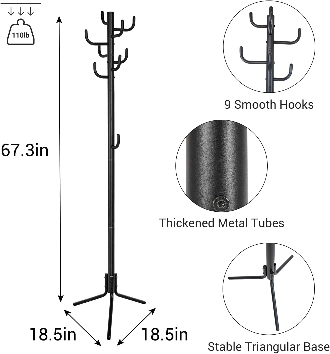 Standing Coat Rack, Metal Coat Rack Freestanding with 9 Hooks, Coat Tree, Modern Coat Hanger Stand for Entryway,Bedroom, Hallway, Office, Perfect for Hats, Bags, Clothes, Black