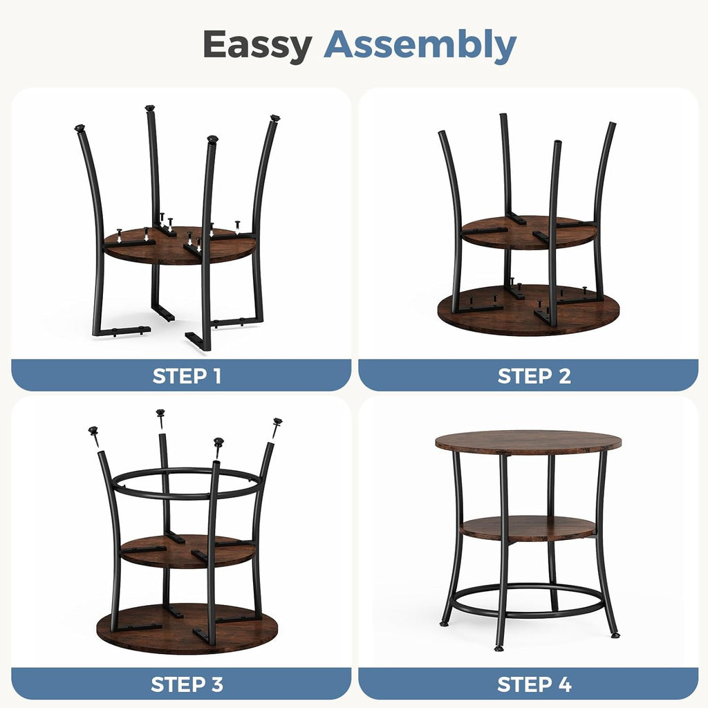 DUMOS Side Round Table for Living Room, 2-Tier Accent End Table with Storage Shelf,Sturdy Metal Frame Nightstand for Small Space, Round Bedside,Rustic Brown and Ink Black