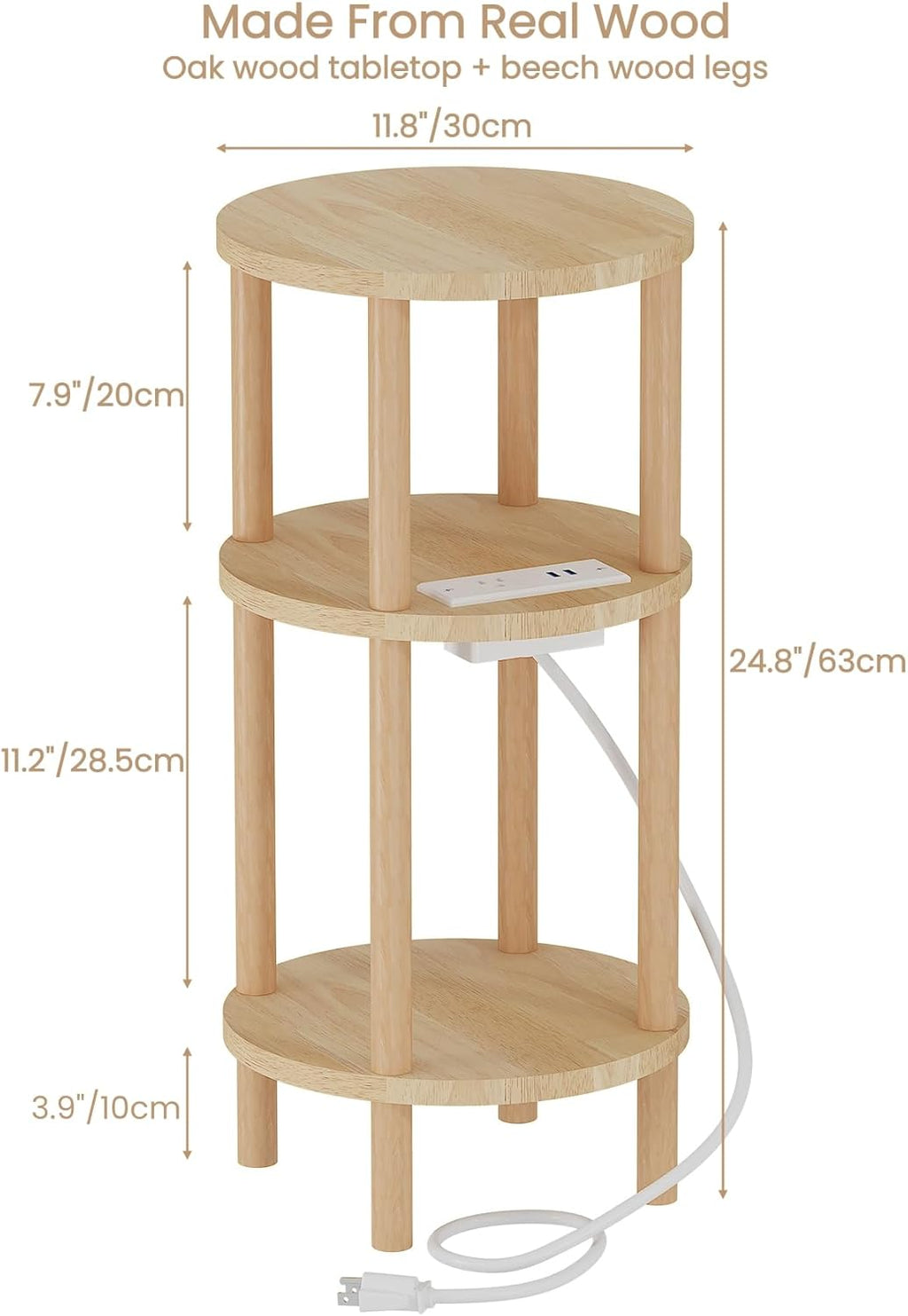 LUCKNOCK Small Round Side Table with Charging Station, 3-Tier Solid Wood End Table, Narrow Compact Sofa Bedside Table for Small Spaces, Easy Assembly for Living Room, Bedroom, Apartment (Natural)