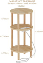 LUCKNOCK Small Round Side Table with Charging Station, 3-Tier Solid Wood End Table, Narrow Compact Sofa Bedside Table for Small Spaces, Easy Assembly for Living Room, Bedroom, Apartment (Natural)