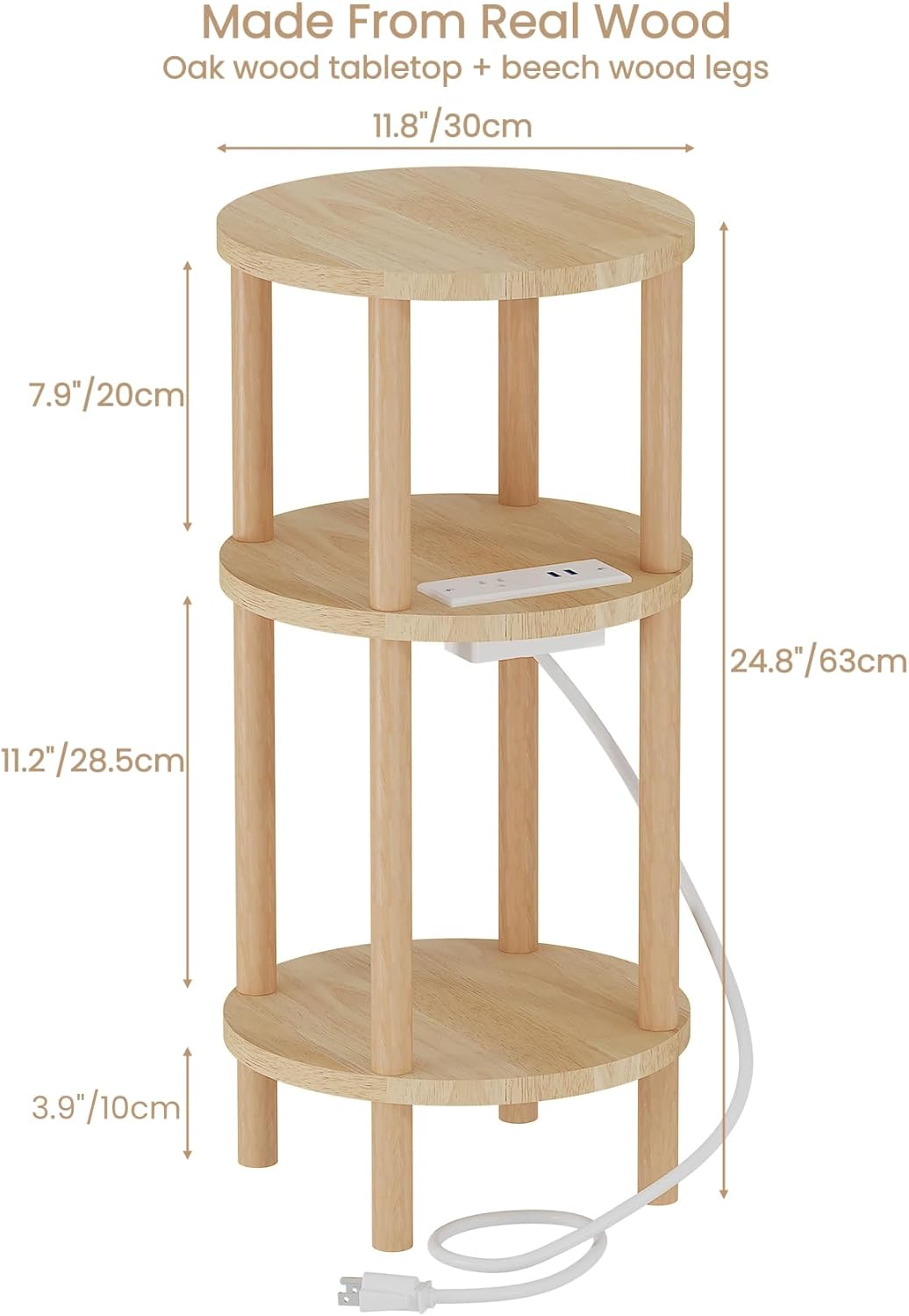LUCKNOCK Small Round Side Table with Charging Station, 3-Tier Solid Wood End Table, Narrow Compact Sofa Bedside Table for Small Spaces, Easy Assembly for Living Room, Bedroom, Apartment (Natural)