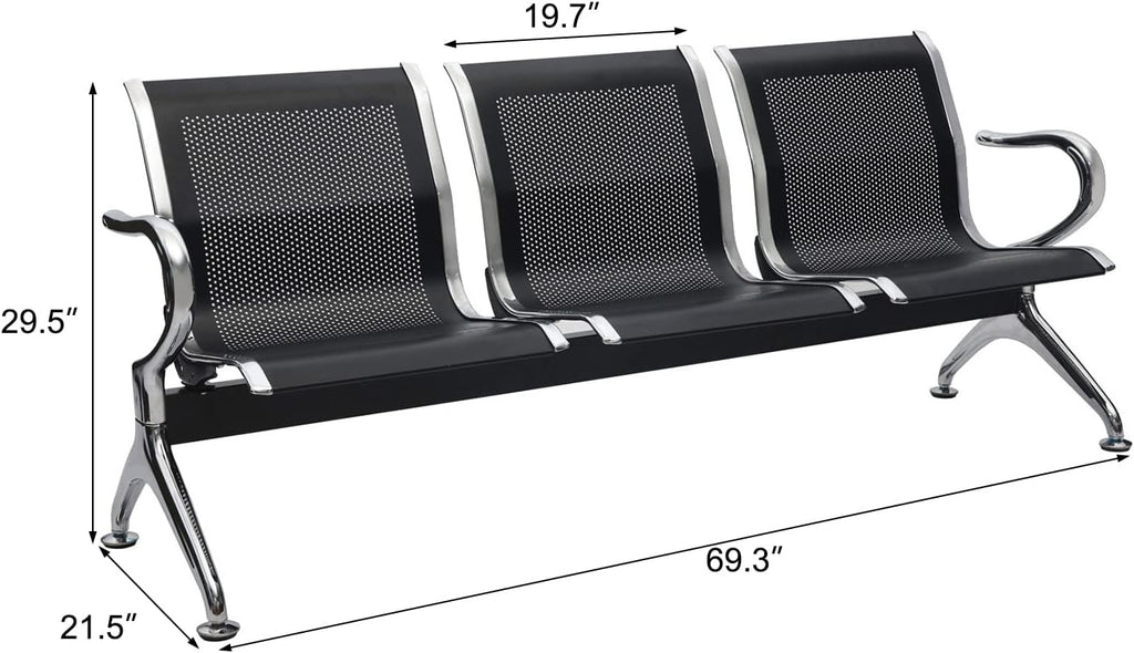 3-Seat Waiting Room Chairs - Waiting Room Bench with Arms Airport Reception Bench Guest Reception Chairs Lobby Bench Waiting Area for Airport Market Bank Hospital School Barbersho, Black