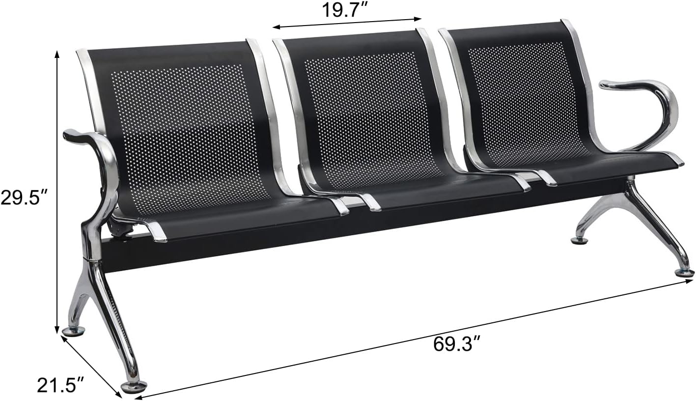 3-Seat Waiting Room Chairs - Waiting Room Bench with Arms Airport Reception Bench Guest Reception Chairs Lobby Bench Waiting Area for Airport Market Bank Hospital School Barbersho, Black