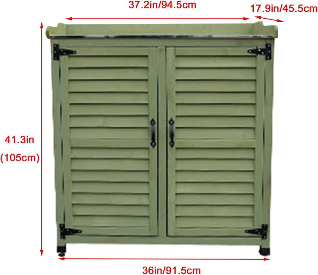 Outdoor Garden Patio Wooden Storage Cabinet with Adjustable Shelf & Metal Top Green Color Potting Bench Storage Cabinet for Garden Tools,One Color-Brown