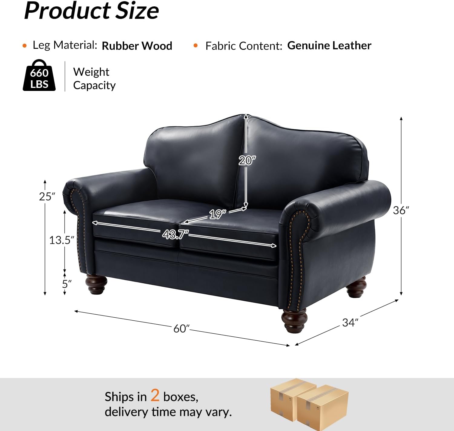 60" Wide Genuine Leather Chesterfield Loveseat, 2 Seat Leather Sofa with Rolled Arms, Nailhead Trim for Living Room Furniture, Easy Assembly – Navy