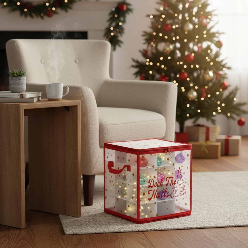 Plastic Christmas Ornament Storage Box with Zippered Closure - Store up to 64 of the 3-inch Standard Christmas Ornaments, Xmas Ornaments Storage with Dividers & Two Handles