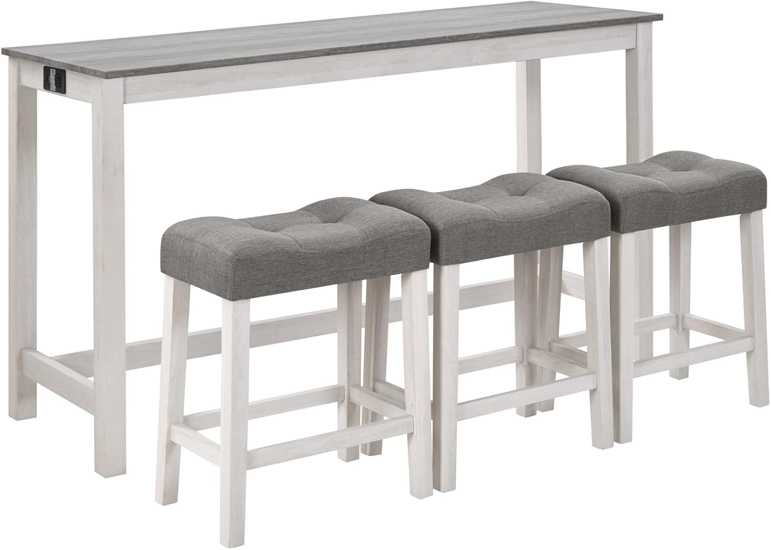 LKTART Bar Table and Chairs Set, 4 Piece Counter Height Bar Table Set with Power Outlet and 3 Upholstered Stools, Industrial Breakfast Table for Living Room, White & Grey