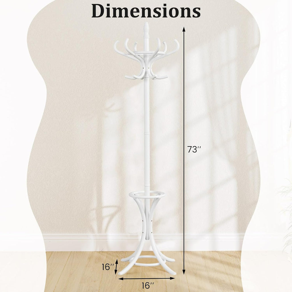 Tangkula Coat Rack with Umbrella Holder, 73 Inch Freestanding Coat Hanger Stand with 12 Hooks, Wooden Entryway Coat Tree for Clothes, Bags, Hats, Scarves, Living Room, Bedroom, Hallway (White)