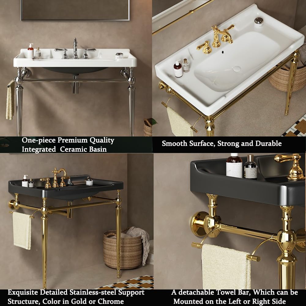 28" Bathroom Console Sink, Wall-Mounted White Ceramic Vanity Basin with 3 Pre-drilled Faucet Holes, Freestanding Gold Stainless Steel Support Legs with Towel Bar, No Faucet - Rome, White
