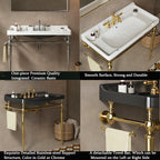28" Bathroom Console Sink, Wall-Mounted White Ceramic Vanity Basin with 3 Pre-drilled Faucet Holes, Freestanding Gold Stainless Steel Support Legs with Towel Bar, No Faucet - Rome, White