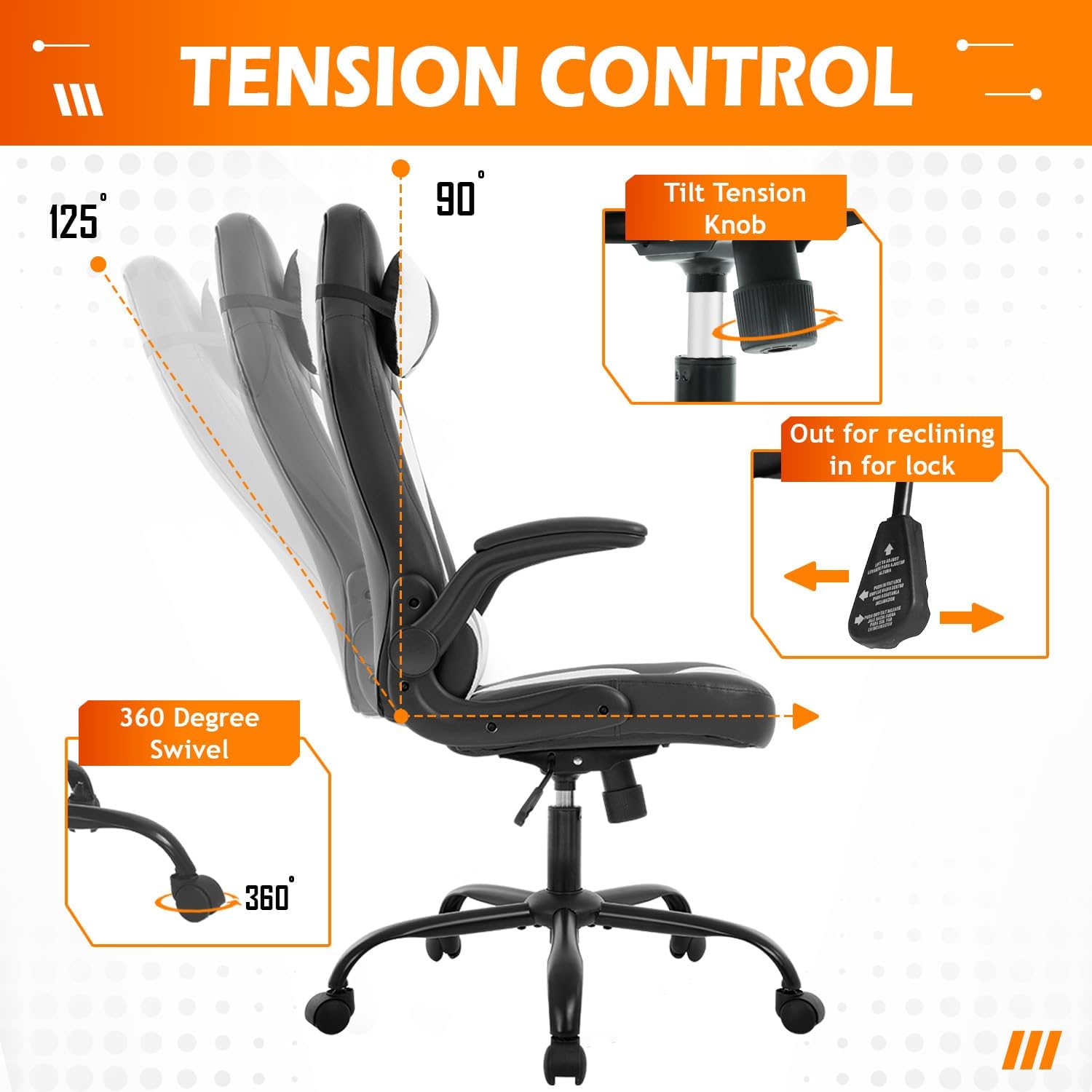 Dopinmin Gaming Chair Racing Computer Chair PU Leather Game Chair Desk Chair with Lumbar Support Flip Up Arms Headrest High Back Swivel Rolling Adjustable Ergonomic Office Chair, White