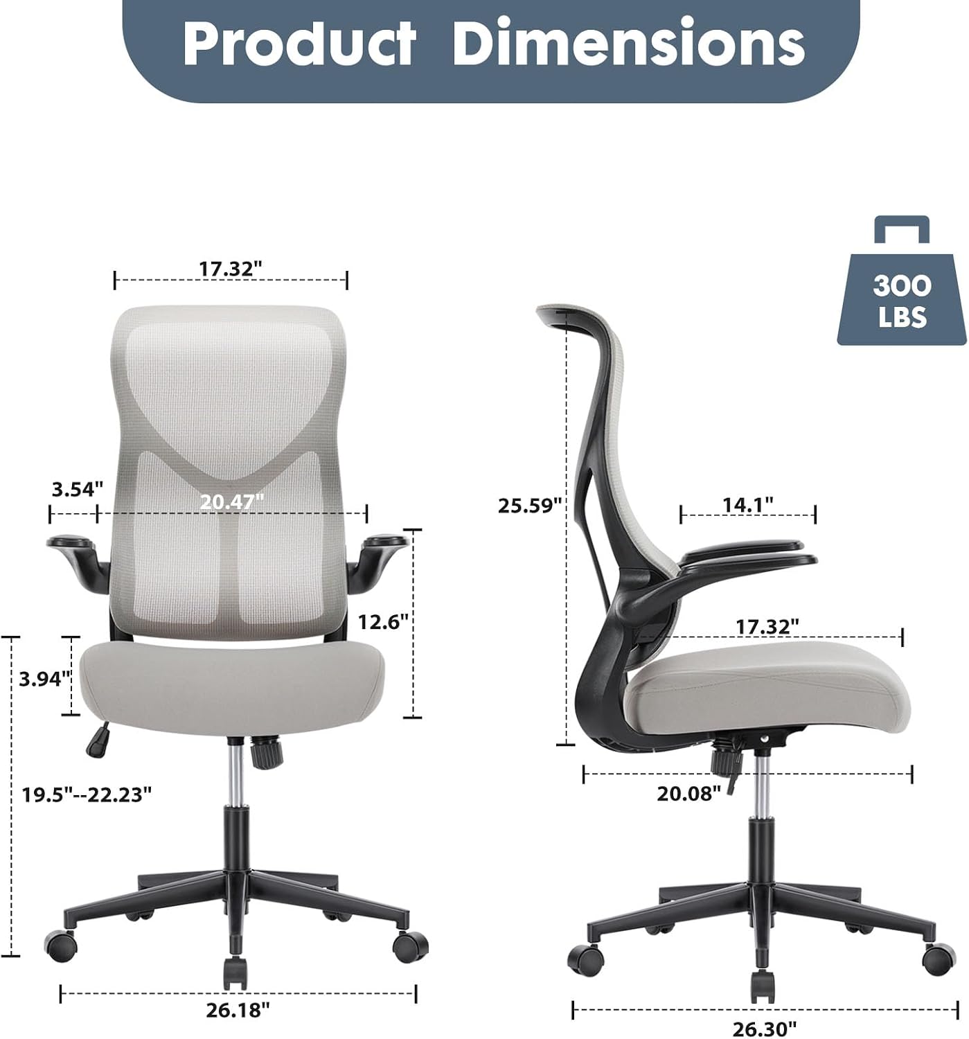DUMOS Home Office Desk Chair - Ergonomic High Back Mesh Computer Task Chair with Comfy Flip-up Armrests, Swivel Adjustable Height with Wheels, Comfortable Lumbar Support, for Adults, Gery