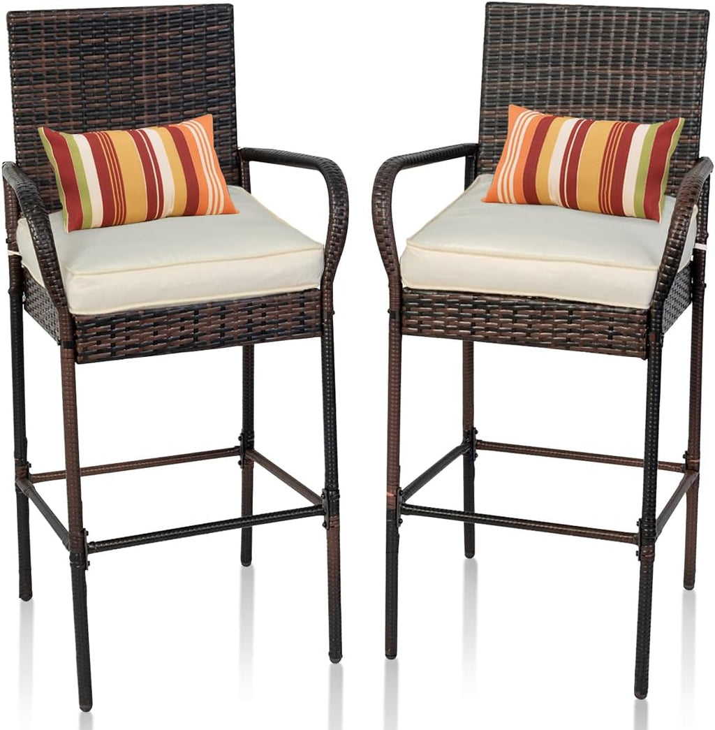 Sundale Outdoor Wicker Bar Stool Set of 2, Patio Counter Height Pub Chair with Arms, High Top Rattan Barstool, Cushion Beige, All-Weather Outdoor Rattan Furniture (Brown&Beige, Small Seat - 2 Stools)
