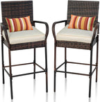 Sundale Outdoor Wicker Bar Stool Set of 2, Patio Counter Height Pub Chair with Arms, High Top Rattan Barstool, Cushion Beige, All-Weather Outdoor Rattan Furniture (Brown&Beige, Small Seat - 2 Stools)