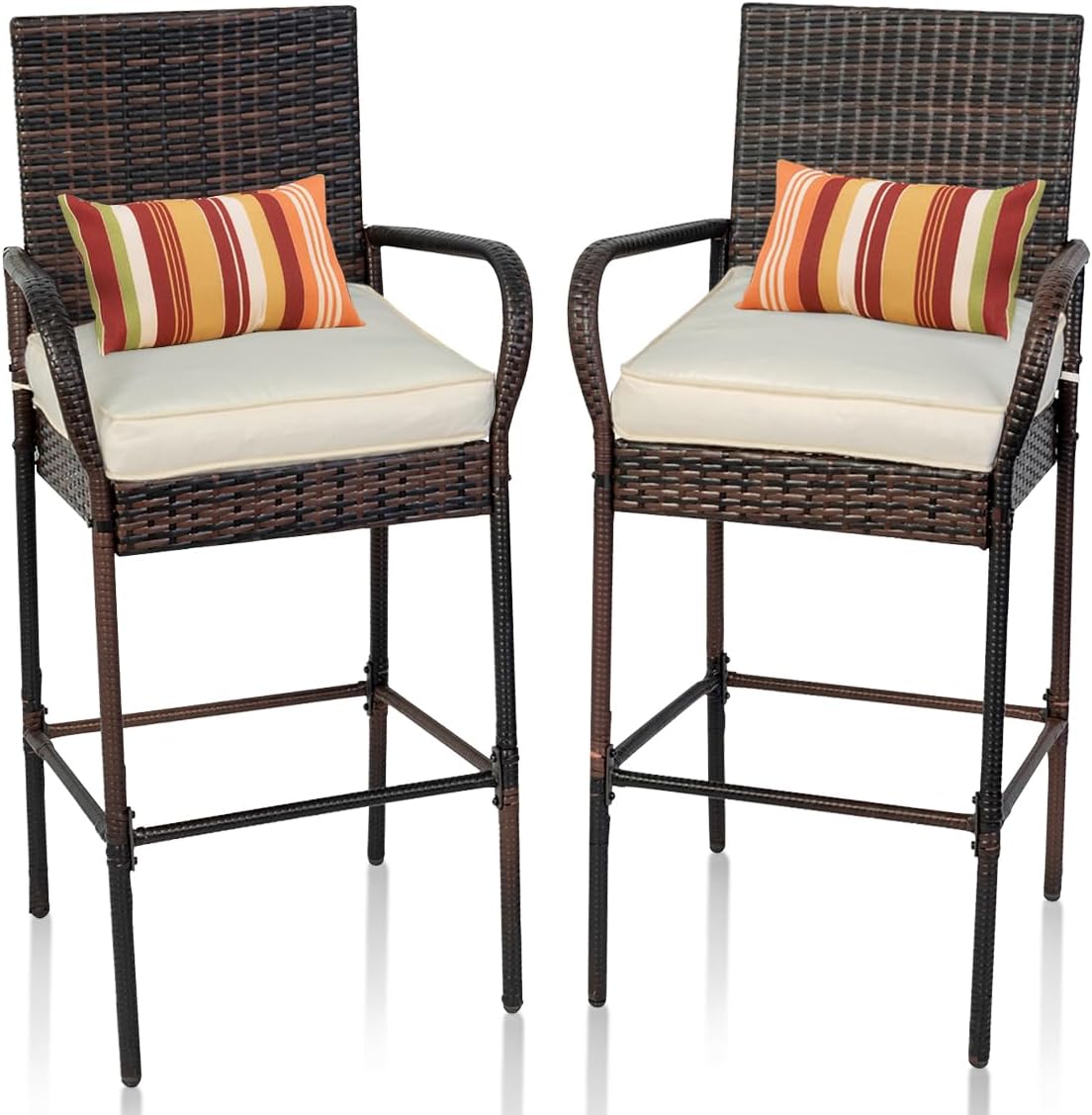 Sundale Outdoor Wicker Bar Stool Set of 2, Patio Counter Height Pub Chair with Arms, High Top Rattan Barstool, Cushion Beige, All-Weather Outdoor Rattan Furniture