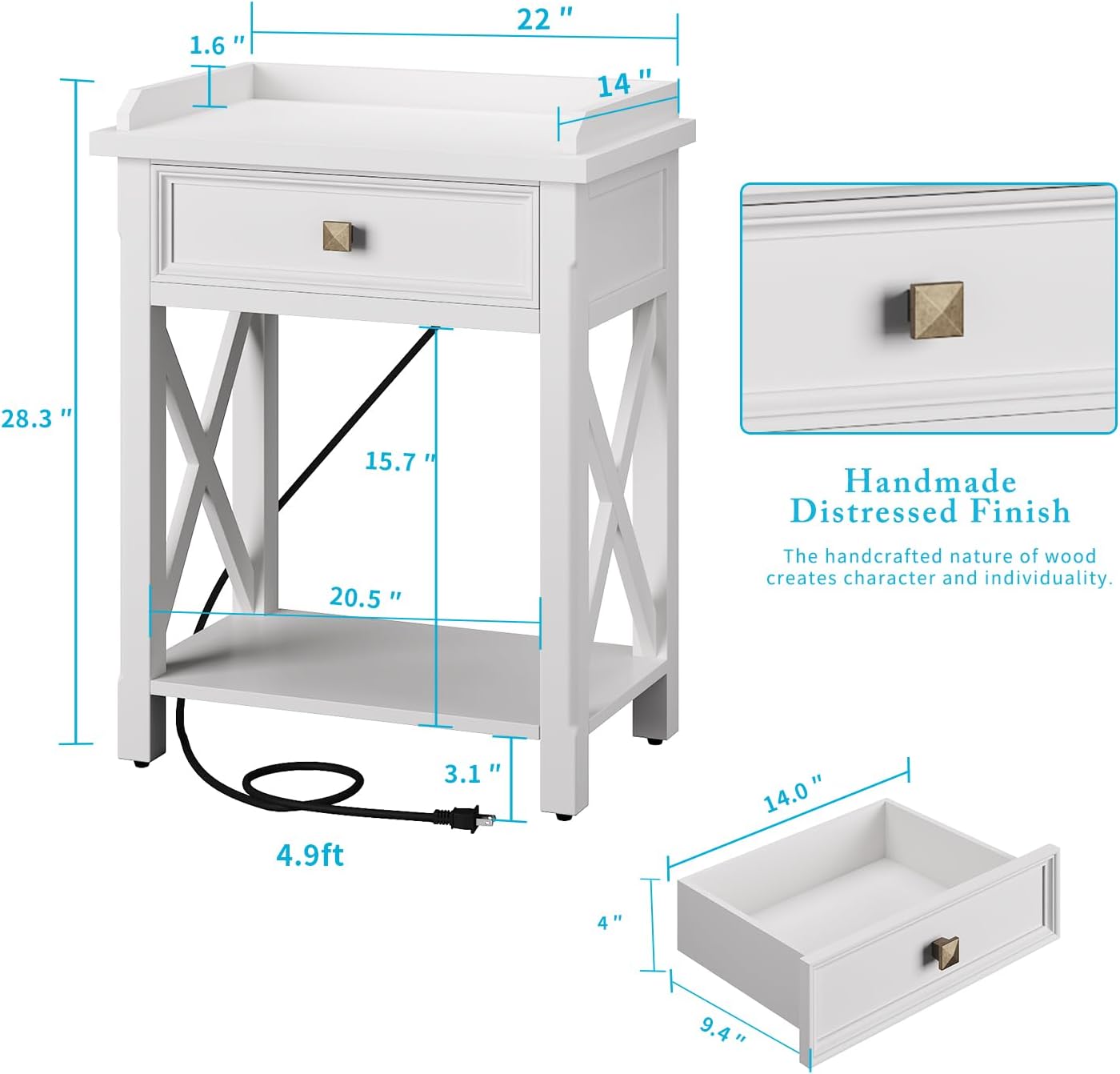 karlott 28" Nightstand with Charging Station, Solid Wood Night Stand with Pre-Assembled Drawer, Painted Bedside Table with Storage Shelf, Farmhouse End Side Table for Bedroom, Living Room, White