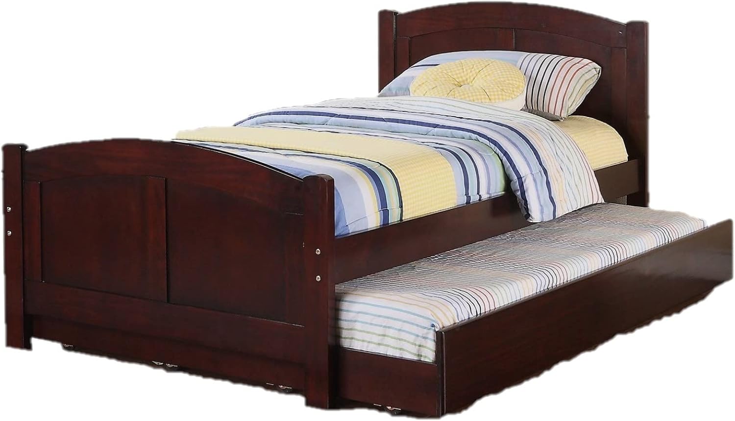 Twin Size Bed w, Trundle Slats Dark Cherry Pine Plywood Youth Bedroom Furniture